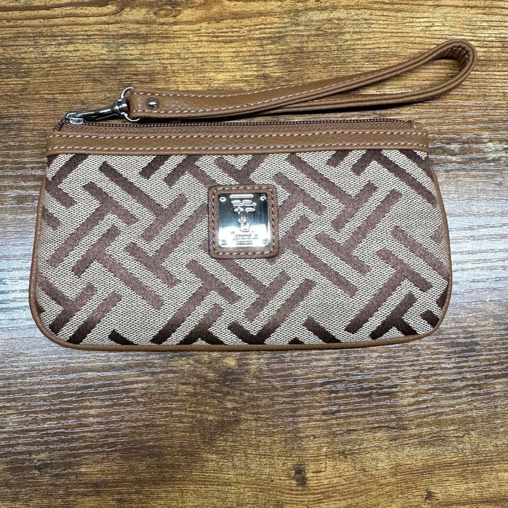 Tignanello Brown Jacquard Logo Wristlet Pouch Brown Tan Geometric Zip Top‎ Bag